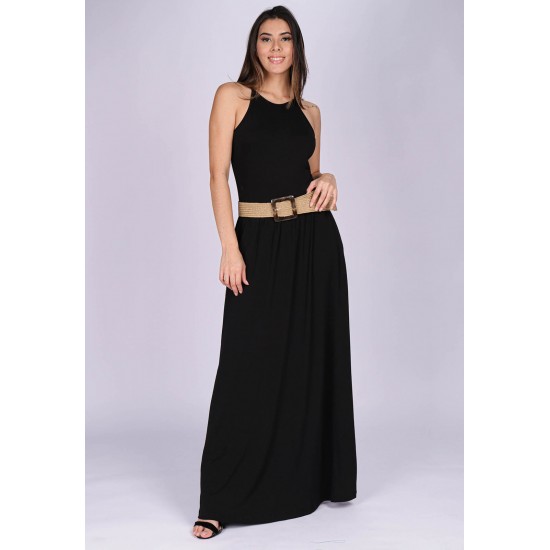 Vestido Longo Jennifer Malha Trapézio com Bolso Preto