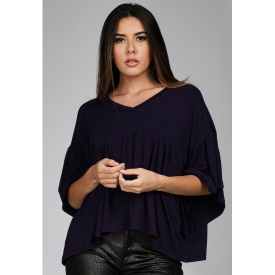 Blusa Bata Fulô Babado Malha Azul Marinho