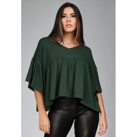 Blusa Bata Fulô Babado Malha Verde Musgo