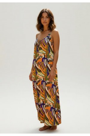 Vestido Longo Caçuá Viscose Alça Fina Estampa Cores Vibrantes