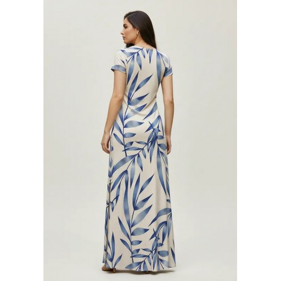 Vestido Longo Malha Gola Canoa Manga Curta Estampa Bambu Azul