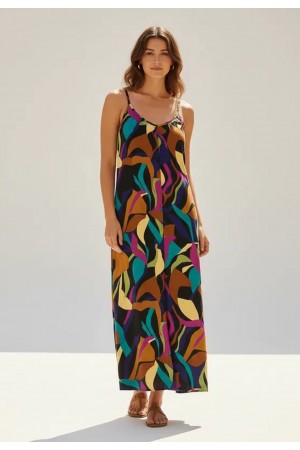 Vestido Longo Caçuá Viscose Alça Fina Estampa Aurora Urbana