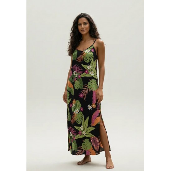 Vestido Longo Caçuá Viscose Alça Fina Estampa Noite Botânica