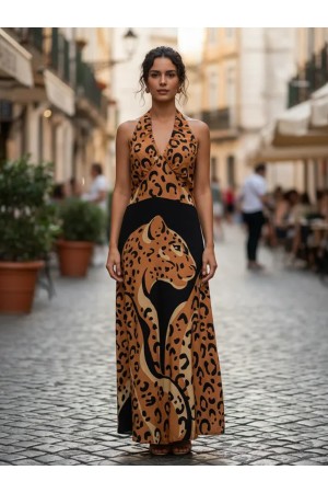 Vestido Longo Andirá Viscose Amarração nas Costas Estampa Yawara