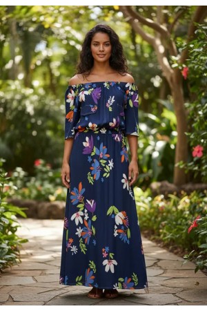 Vestido Midi Viscose Ciganinha com Lapela Estampa Festa das Flores Azul