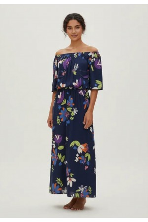 Vestido Midi Viscose Ciganinha com Lapela Estampa Festa das Flores Azul