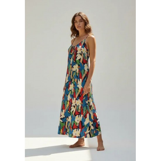 Vestido Longo Caçuá Viscose Alça Fina Estampa Floresce