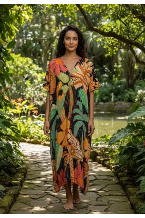 Vestido Kaftan Mutum Detalhes nas Costas Estampa Jardim do Verão