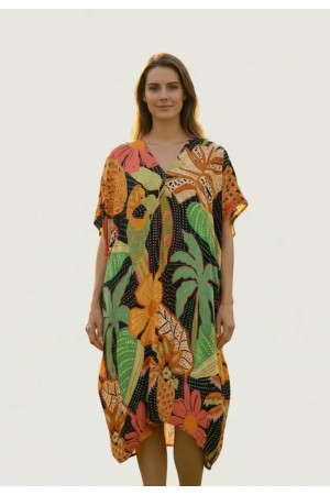 Vestido Kaftan Mutum Detalhes nas Costas Estampa Jardim do Verão