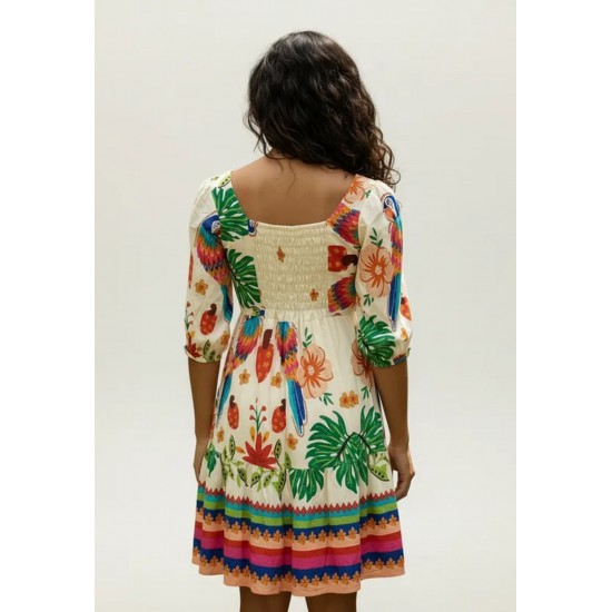 Vestido Curto Manga 3/4 Estampa Arara Brasileira