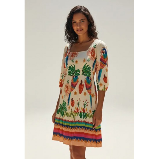 Vestido Curto Manga 3/4 Estampa Arara Brasileira