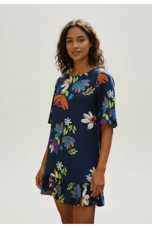 Vestido Curto Viscose Estampa Festa das Flores Azul