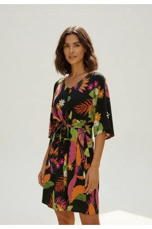 Vestido Curto Caaxixá Viscose com Cordão na Cintura Estampa Noite Botânica