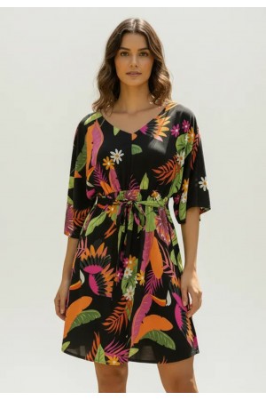 Vestido Curto Caaxixá Viscose com Cordão na Cintura Estampa Noite Botânica