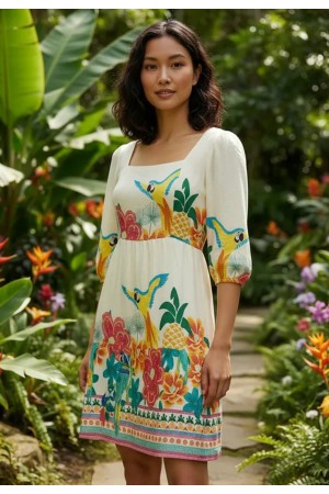 Vestido Curto Manga 3/4 Estampa Raízes em Festa