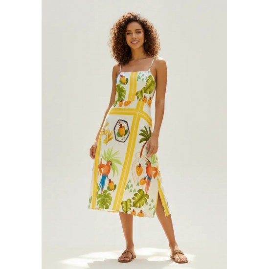 Vestido Midi Alça Fina Estampa Alma Tropical