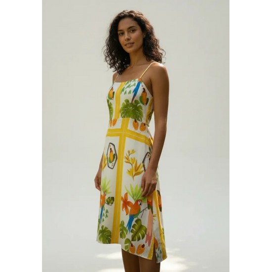 Vestido Midi Alça Fina Estampa Alma Tropical