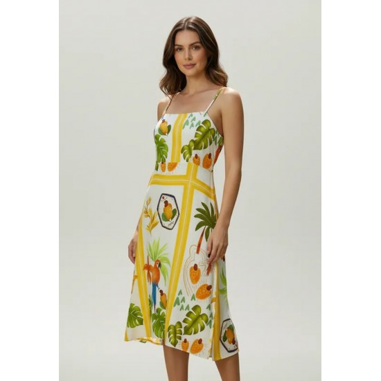 Vestido Midi Alça Fina Estampa Alma Tropical