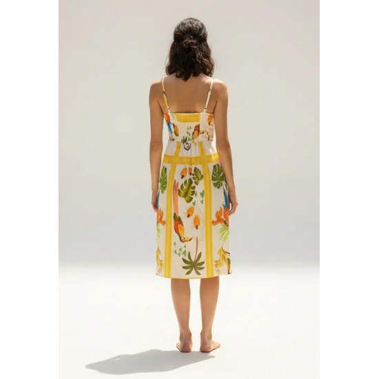 Vestido Midi Alça Fina Estampa Alma Tropical