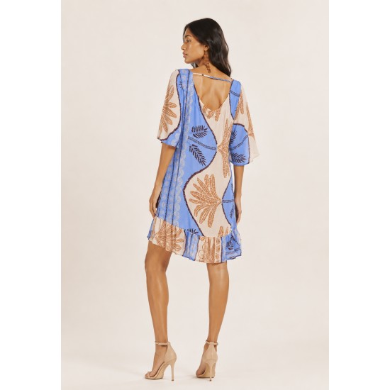Vestido Curto Viscose com Babado Estampa Caminhos do Arumã