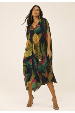 Vestido Kaftan Mutum Plus Detalhes nas Costas Estampa Caju da Mata