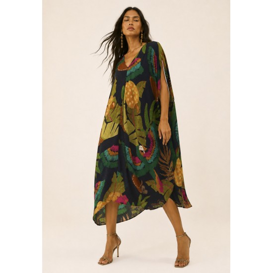 Vestido Kaftan Mutum Detalhes nas Costas Estampa Caju da Mata