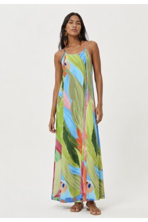 Vestido Longo Anambé Viscose com Bolsos Estampa Mata em Aquarela