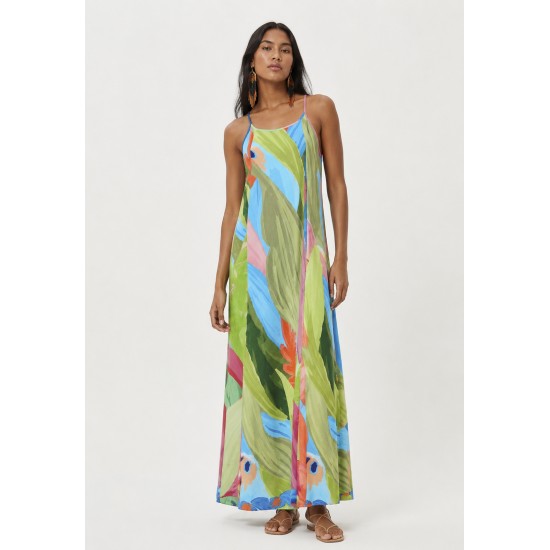 Vestido Longo Anambé Viscose com Bolsos Estampa Mata em Aquarela