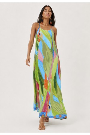 Vestido Longo Anambé Viscose com Bolsos Estampa Mata em Aquarela