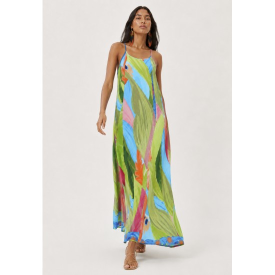 Vestido Longo Anambé Viscose com Bolsos Estampa Mata em Aquarela