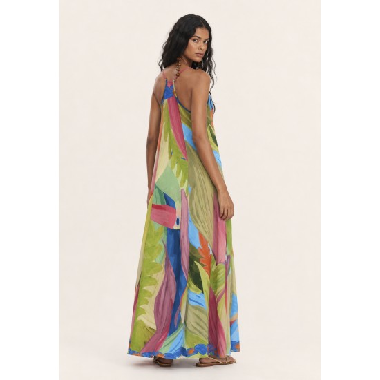 Vestido Longo Anambé Viscose com Bolsos Estampa Mata em Aquarela