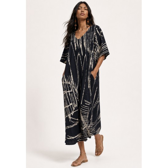 Vestido Midi Abapã Plano com Bolso Estampa Traços da Noite