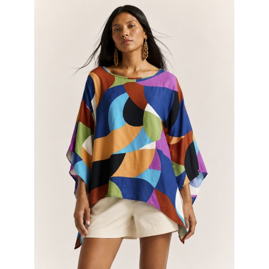 Blusa Poncho Baguari Amplo Estampa Jardim Azul