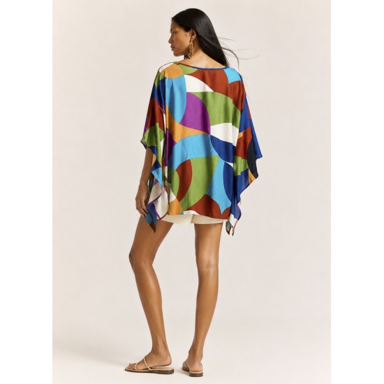 Blusa Poncho Baguari Amplo Estampa Jardim Azul