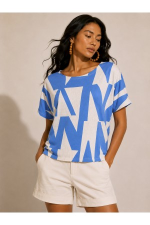 Blusa Básica Morcego Malha Gola Canoa Manga Curta Geométrica Blue