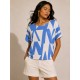 Blusa Básica Morcego Malha Gola Canoa Manga Curta Geométrica Blue