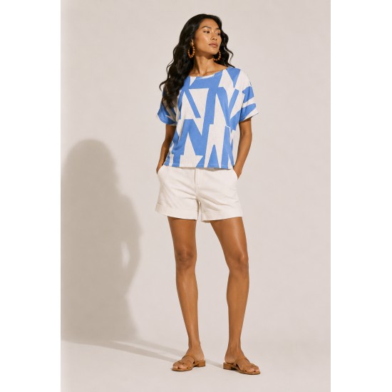 Blusa Básica Morcego Malha Gola Canoa Manga Curta Geométrica Blue