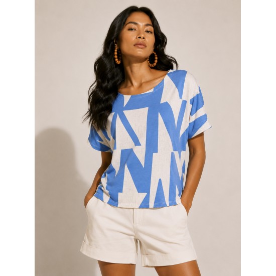 Blusa Básica Morcego Malha Gola Canoa Manga Curta Geométrica Blue