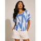 Blusa Básica Morcego Malha Gola Canoa Manga Curta Geométrica Blue
