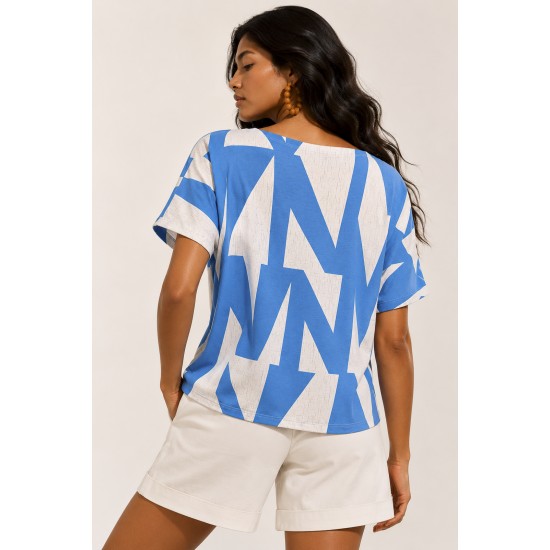 Blusa Básica Morcego Malha Gola Canoa Manga Curta Geométrica Blue