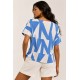 Blusa Básica Morcego Malha Gola Canoa Manga Curta Geométrica Blue