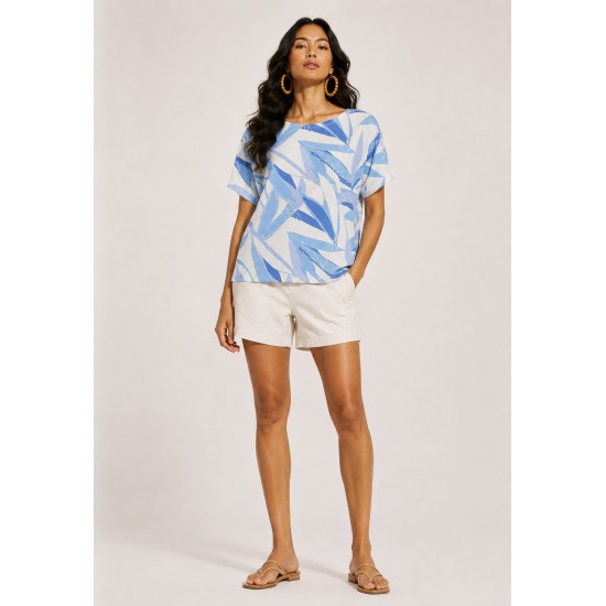 Blusa Básica Morcego Malha Gola Canoa Manga Curta Estampa Selvagem Blue