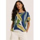 Blusa Básica Morcego Malha Gola Canoa Manga Curta Estampa Selva Azul