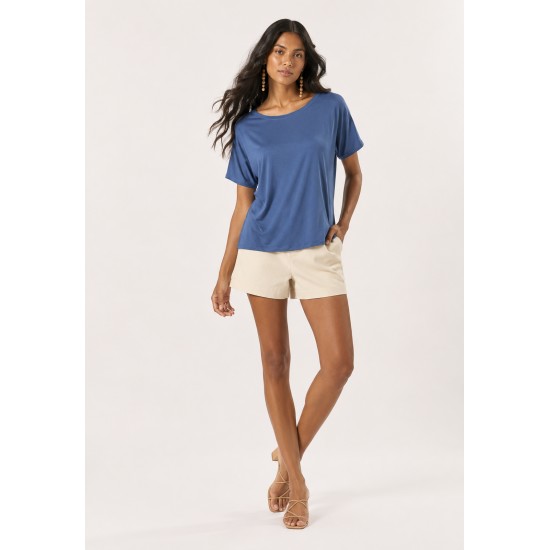 Blusa Básica Morcego Malha Gola Canoa Manga Curta Azul Atlântico
