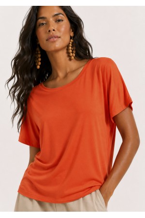 Blusa Básica Morcego Malha Gola Canoa Manga Curta Laranja