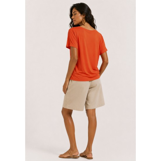 Blusa Básica Morcego Malha Gola Canoa Manga Curta Laranja