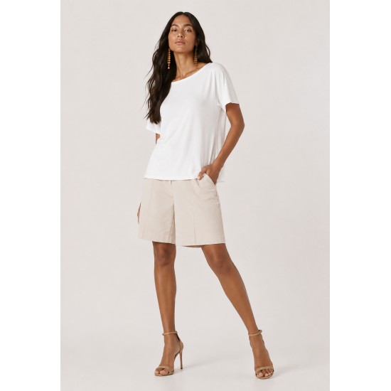 Blusa Básica Morcego Malha Gola Canoa Manga Curta Off White