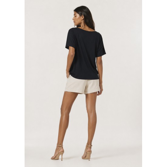 Blusa Básica Morcego Malha Gola Canoa Manga Curta Preta