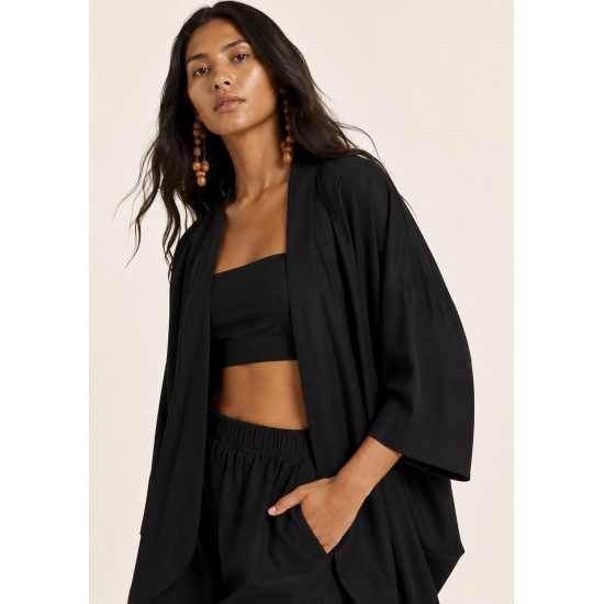 Kimono Viscose Manga Ampla Preto