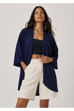 Kimono Viscose Manga Ampla Azul Marinho